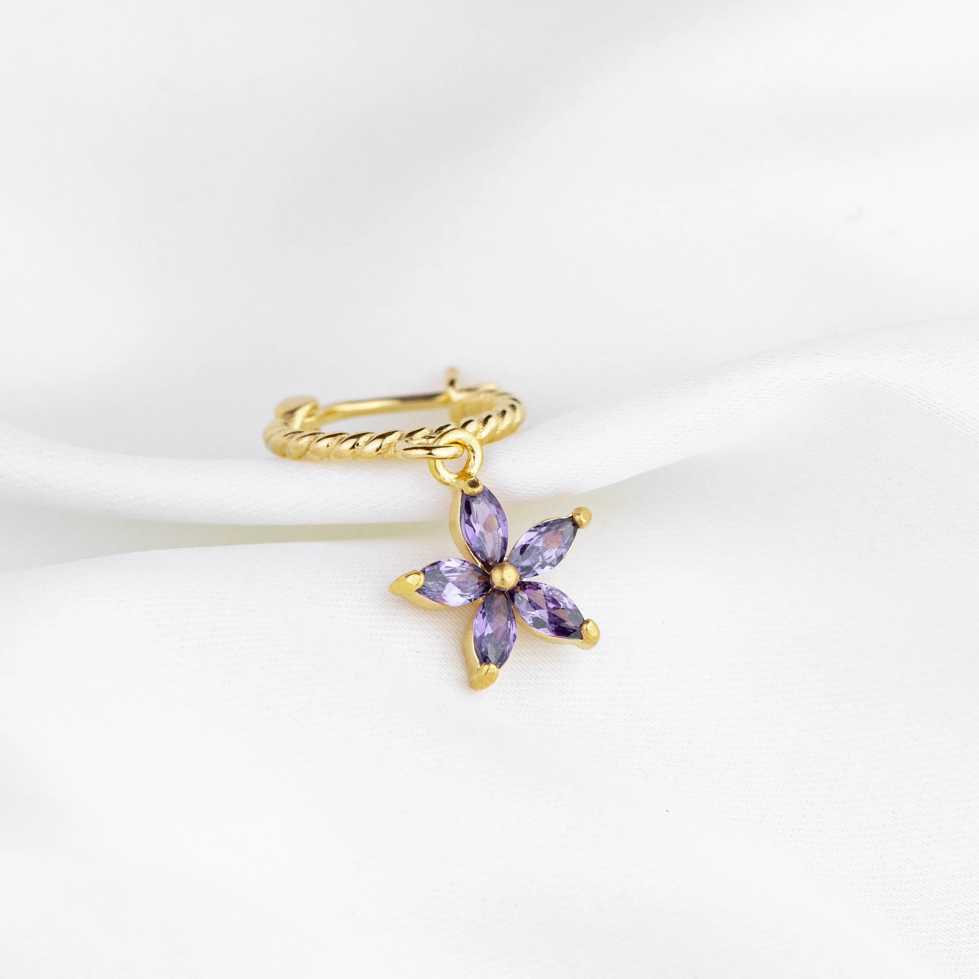 Purple Diamond Flower Twisted Hoop