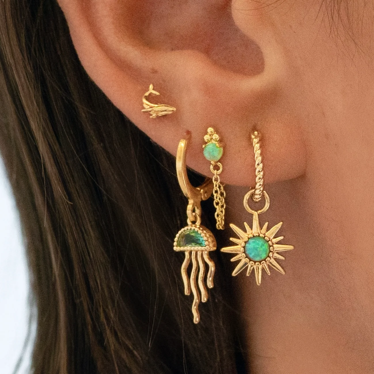 Silver Bohemian Green Opal Sun Earring - Image 4