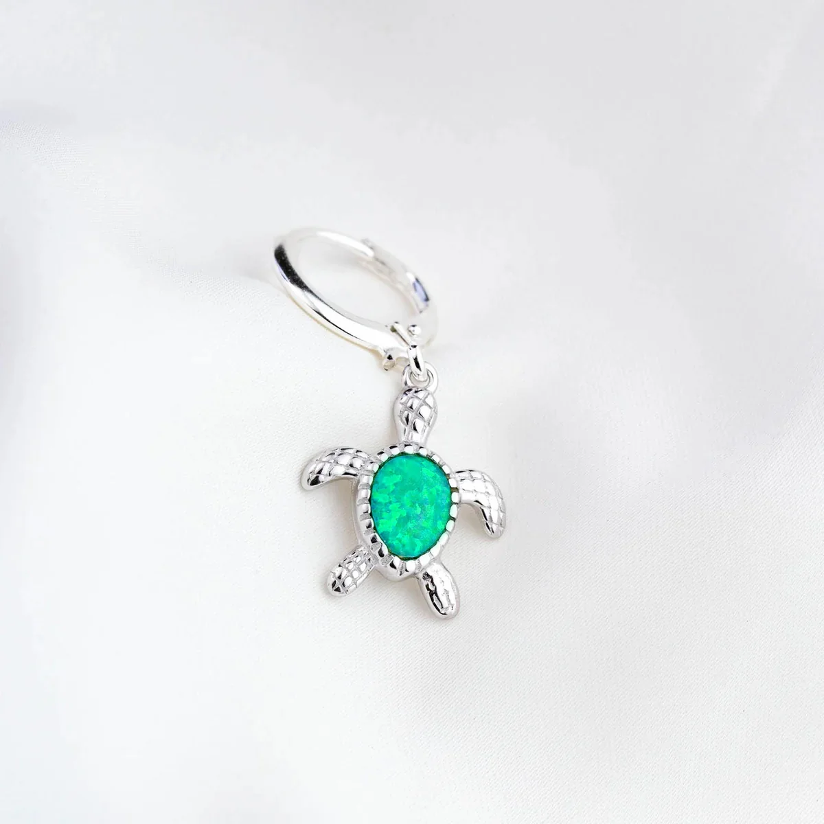 Silver Bohemian Green Opal Turtle Earring