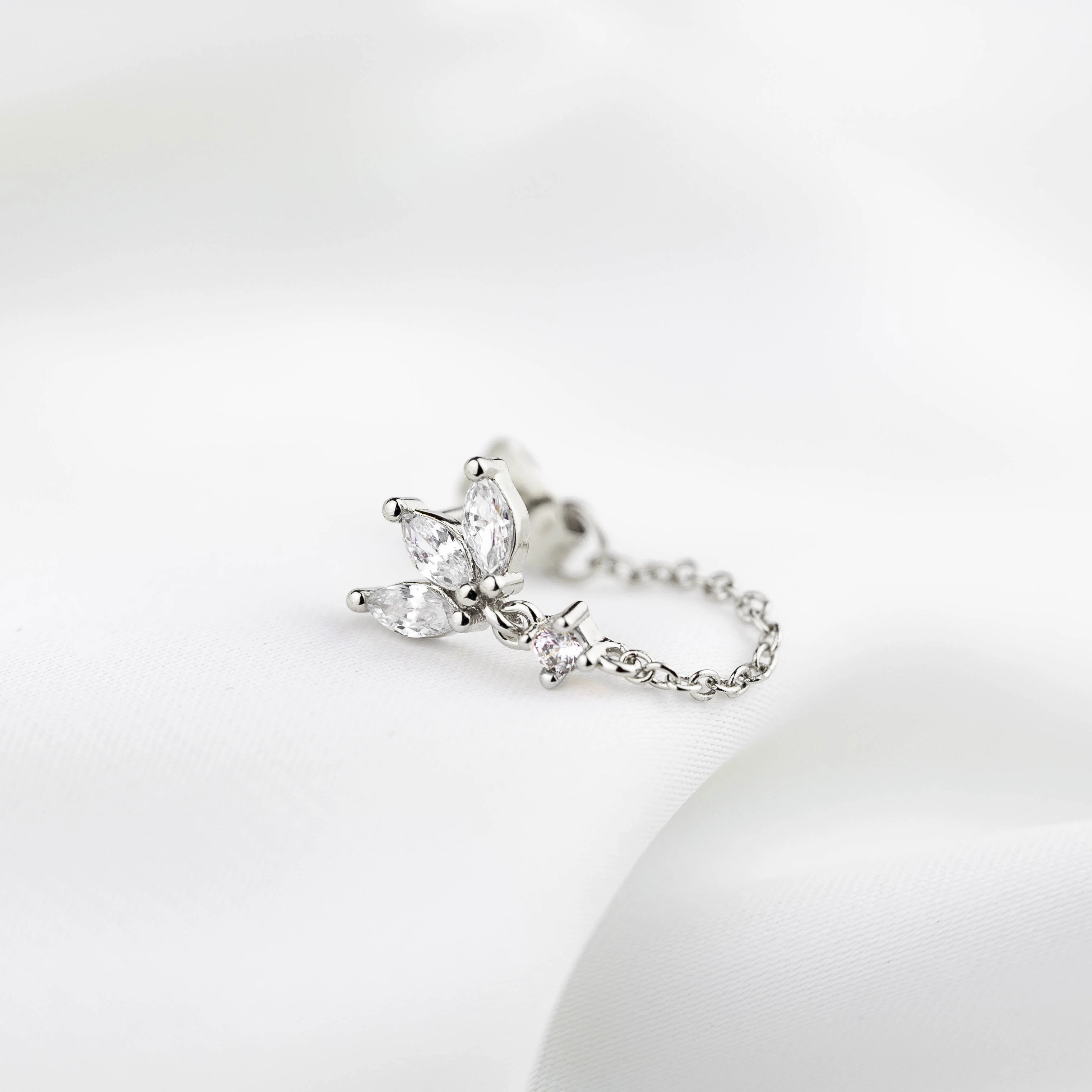 Silver Diamond Floral Chain Earpin