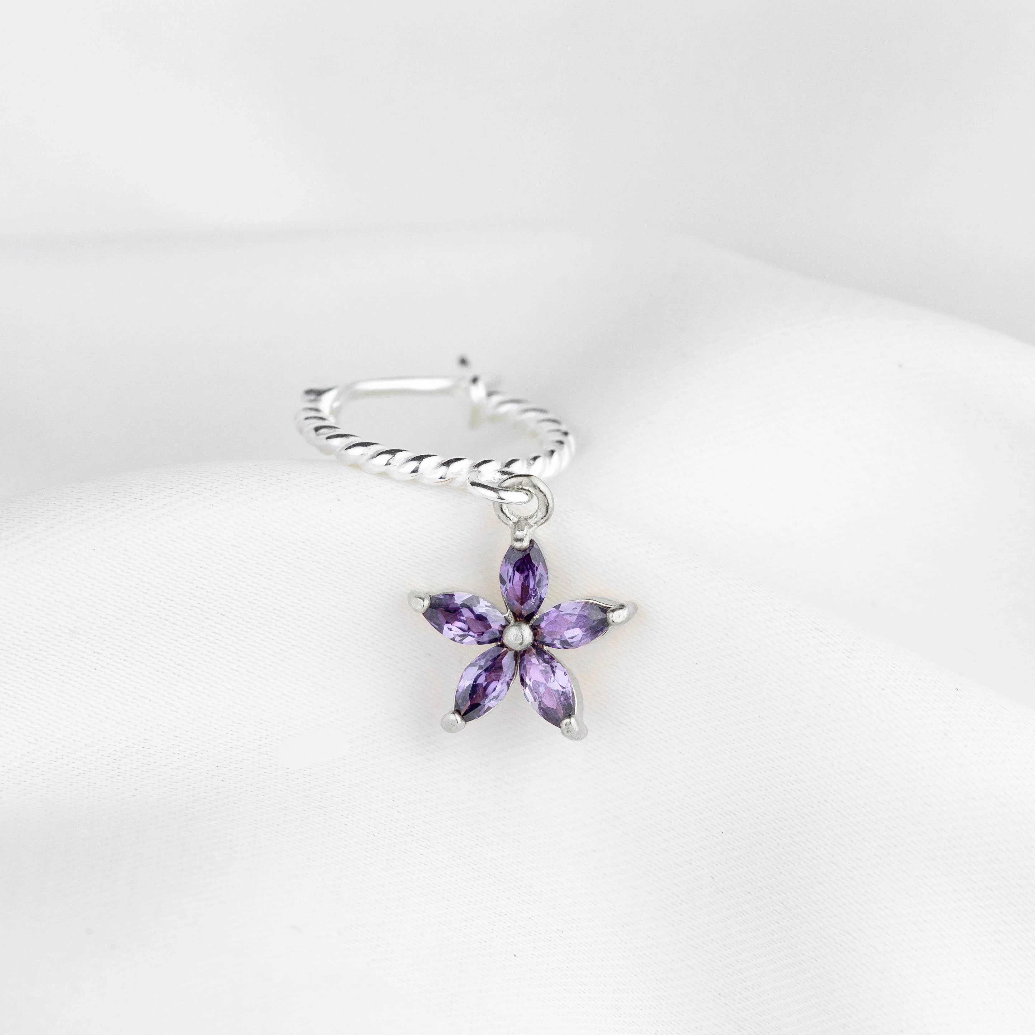Silver Purple Diamond Flower Twisted Hoop - Image 2