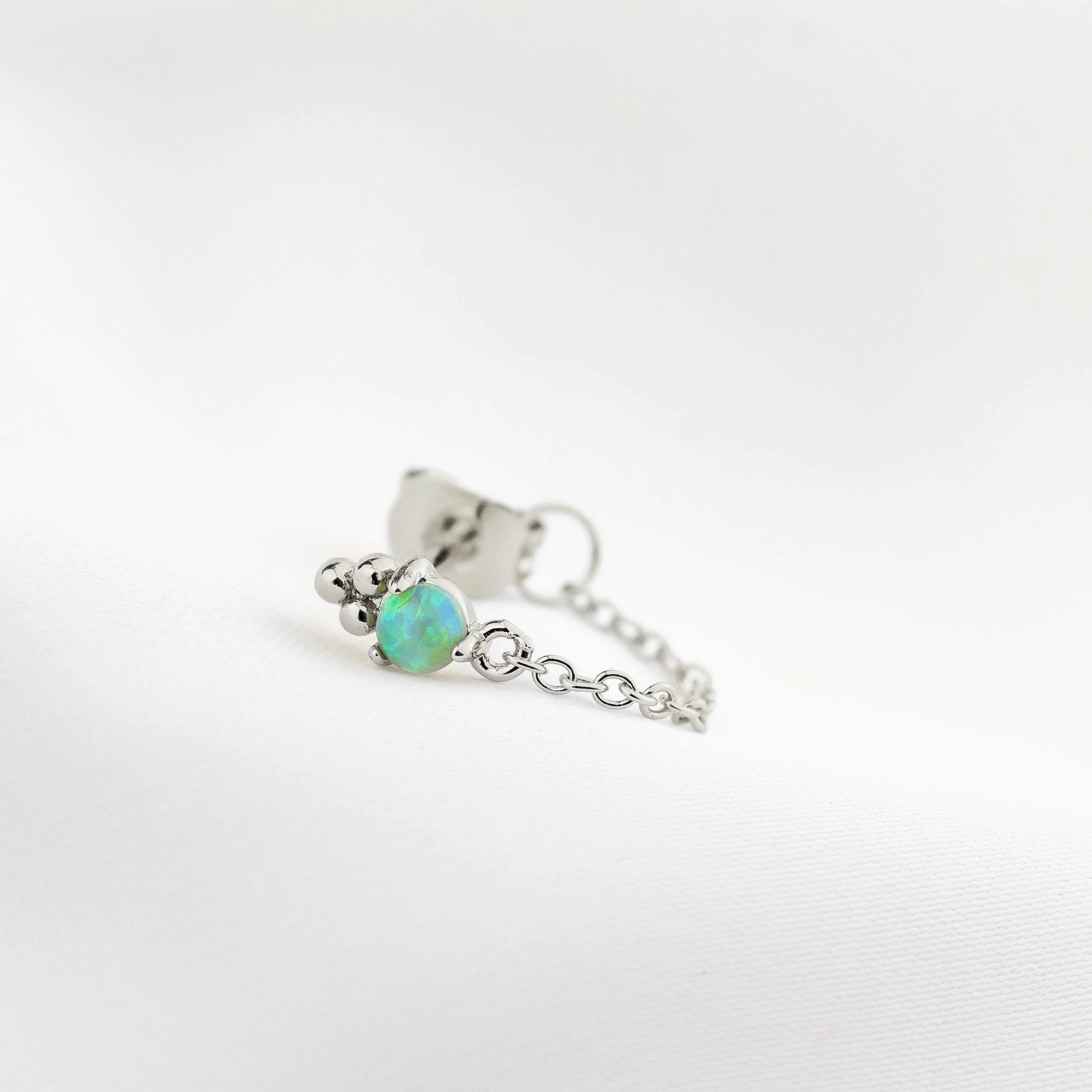 Silver Soft Bohemian Green Delicate Opal Chain Earpin - Image 4